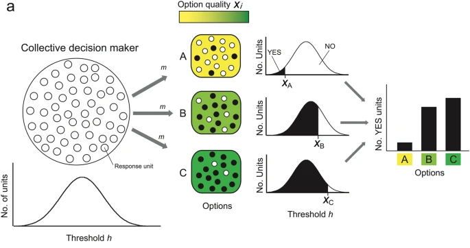 Nature of collective decision-making by simple yes/no decision units